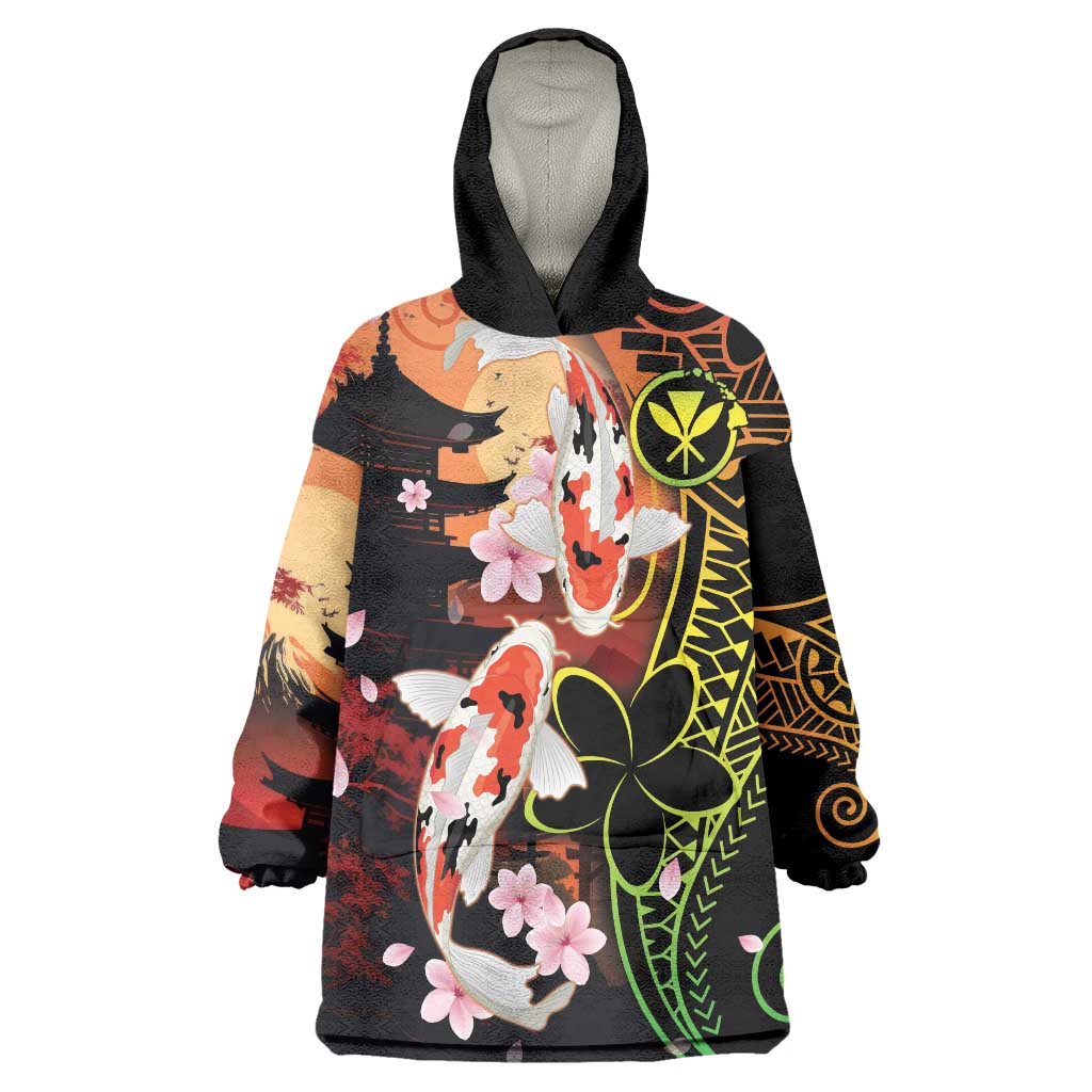 Hawaiian and Japanese Wearable Blanket Hoodie Koi Fish With Kanaka Polynesian Tattoo - Polynesian Pride