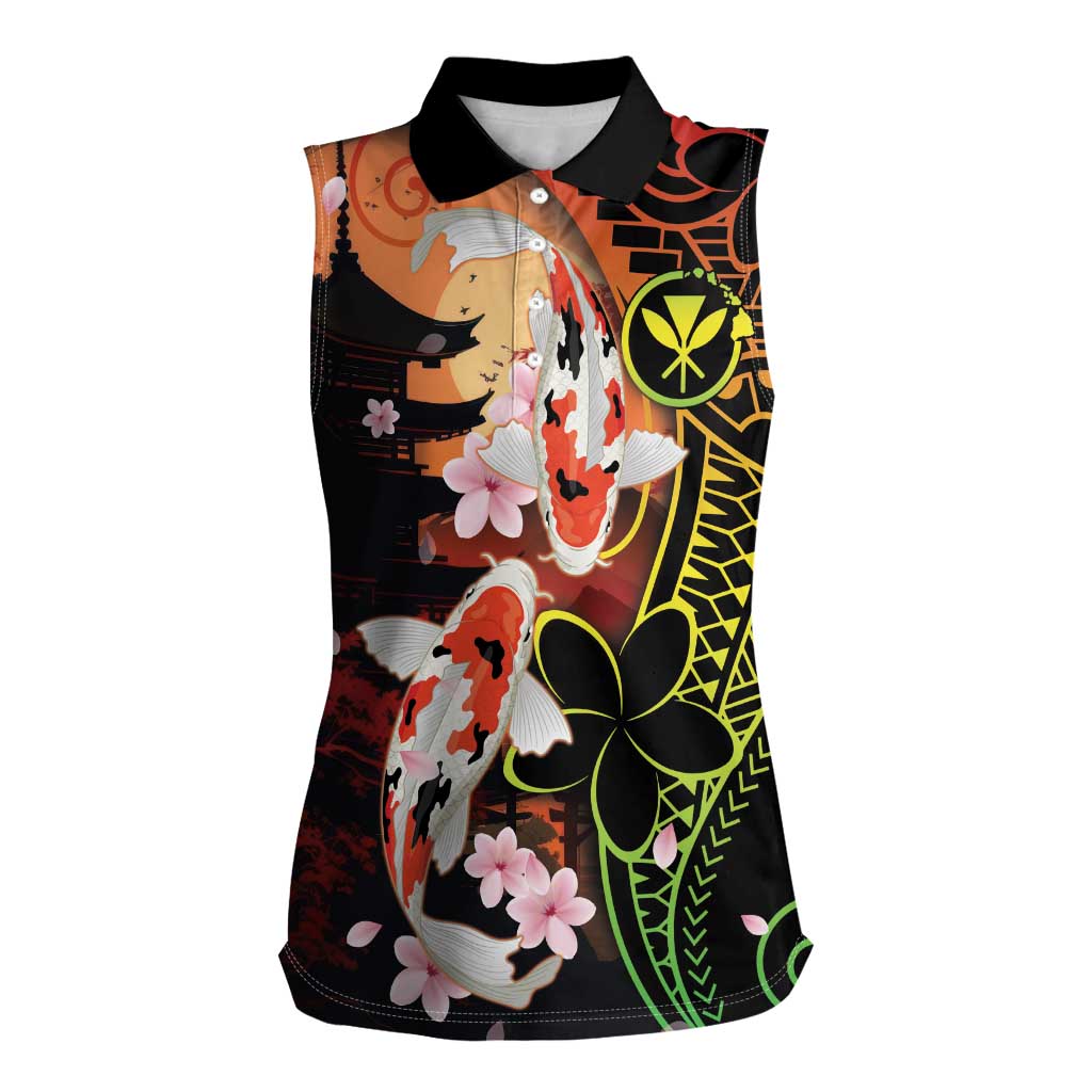 Hawaiian and Japanese Women Sleeveless Polo Shirt Koi Fish With Kanaka Polynesian Tattoo - Polynesian Pride