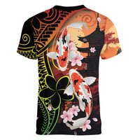 Hawaiian and Japanese Women V-Neck T-Shirt Koi Fish With Kanaka Polynesian Tattoo - Polynesian Pride