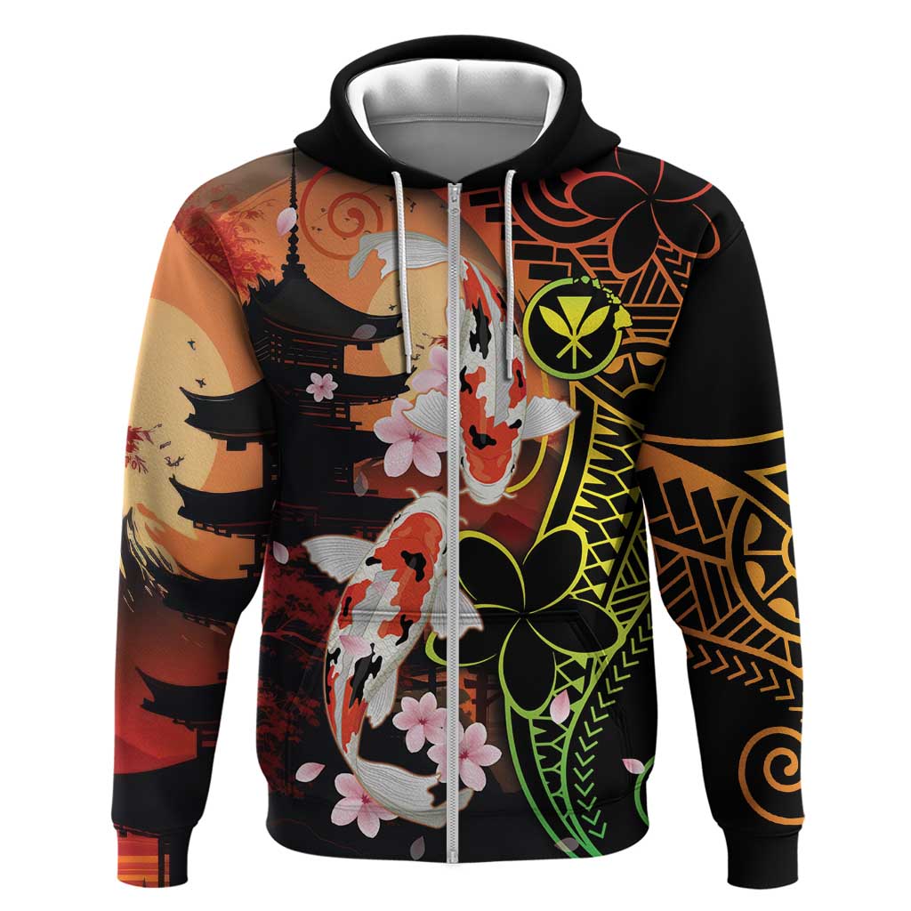 Hawaiian and Japanese Zip Hoodie Koi Fish With Kanaka Polynesian Tattoo - Polynesian Pride