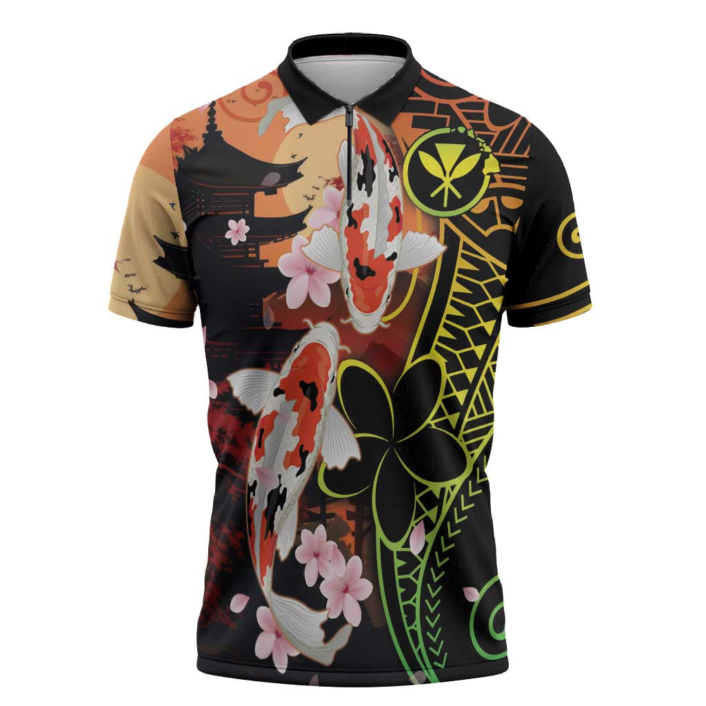 Hawaiian and Japanese Zipper Polo Shirt Koi Fish With Kanaka Polynesian Tattoo LT14 Black - Polynesian Pride