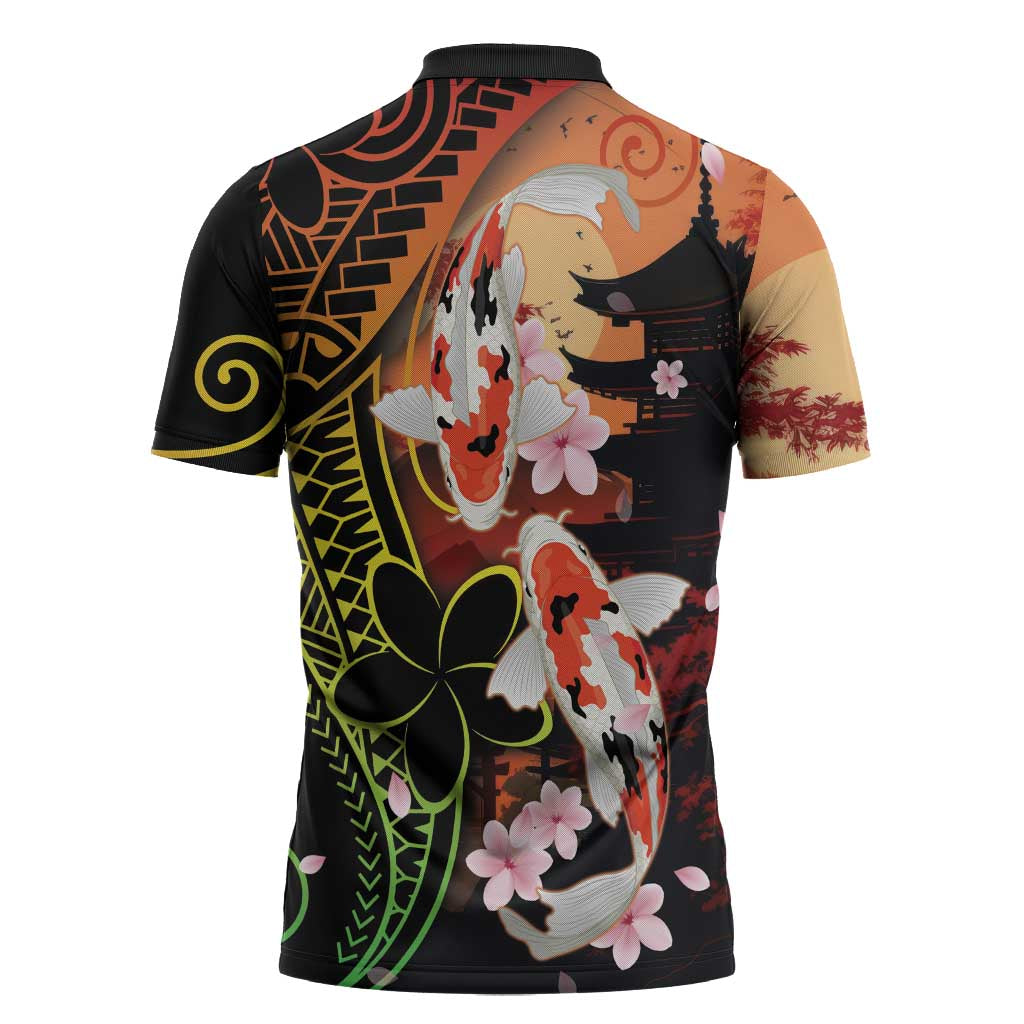 Hawaiian and Japanese Zipper Polo Shirt Koi Fish With Kanaka Polynesian Tattoo LT14 - Polynesian Pride