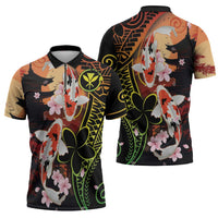 Hawaiian and Japanese Zipper Polo Shirt Koi Fish With Kanaka Polynesian Tattoo LT14 - Polynesian Pride