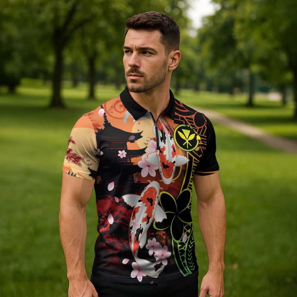 Hawaiian and Japanese Zipper Polo Shirt Koi Fish With Kanaka Polynesian Tattoo LT14 - Polynesian Pride