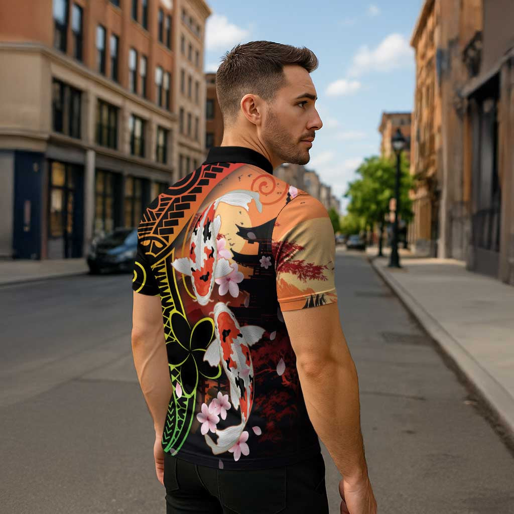Hawaiian and Japanese Zipper Polo Shirt Koi Fish With Kanaka Polynesian Tattoo LT14 - Polynesian Pride