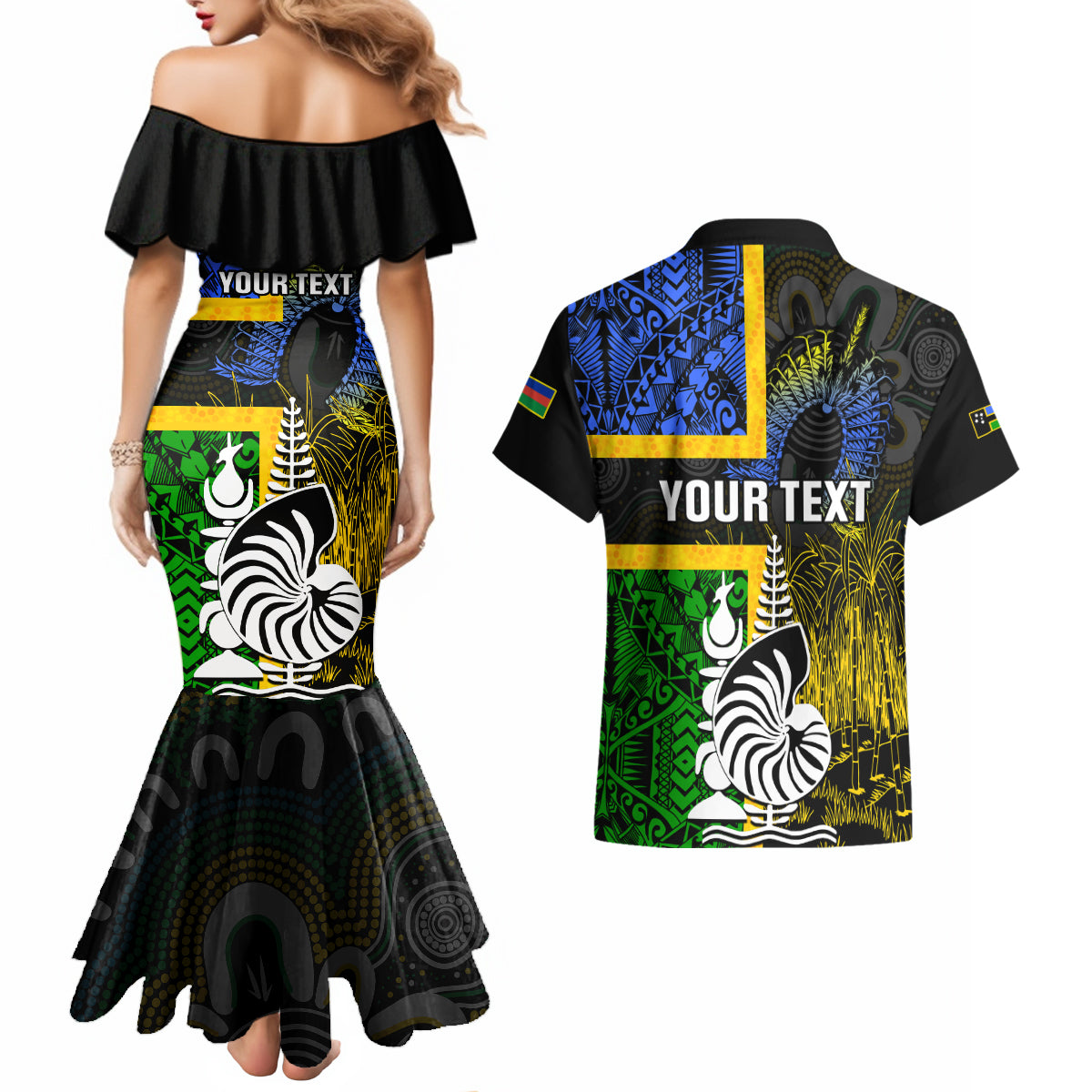 Personalised South Sea Islanders Couples Matching Mermaid Dress and Hawaiian Shirt Kanakas With New Caledonia Coat Of Arms LT14 - Polynesian Pride