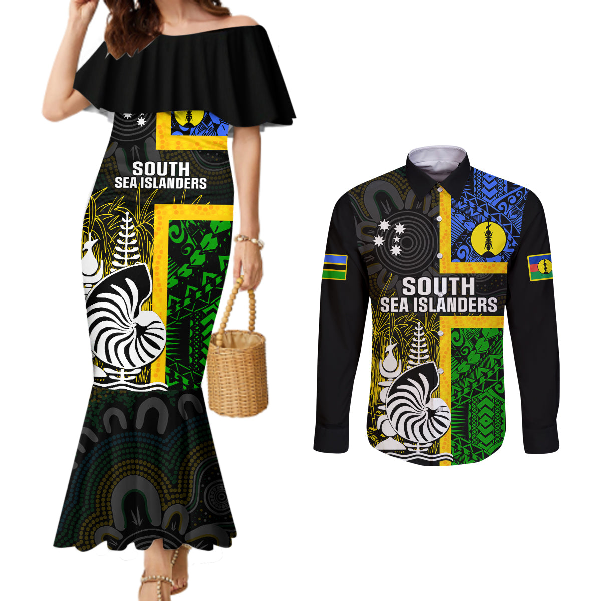 Personalised South Sea Islanders Couples Matching Mermaid Dress and Long Sleeve Button Shirts Kanakas With New Caledonia Coat Of Arms LT14 Black - Polynesian Pride