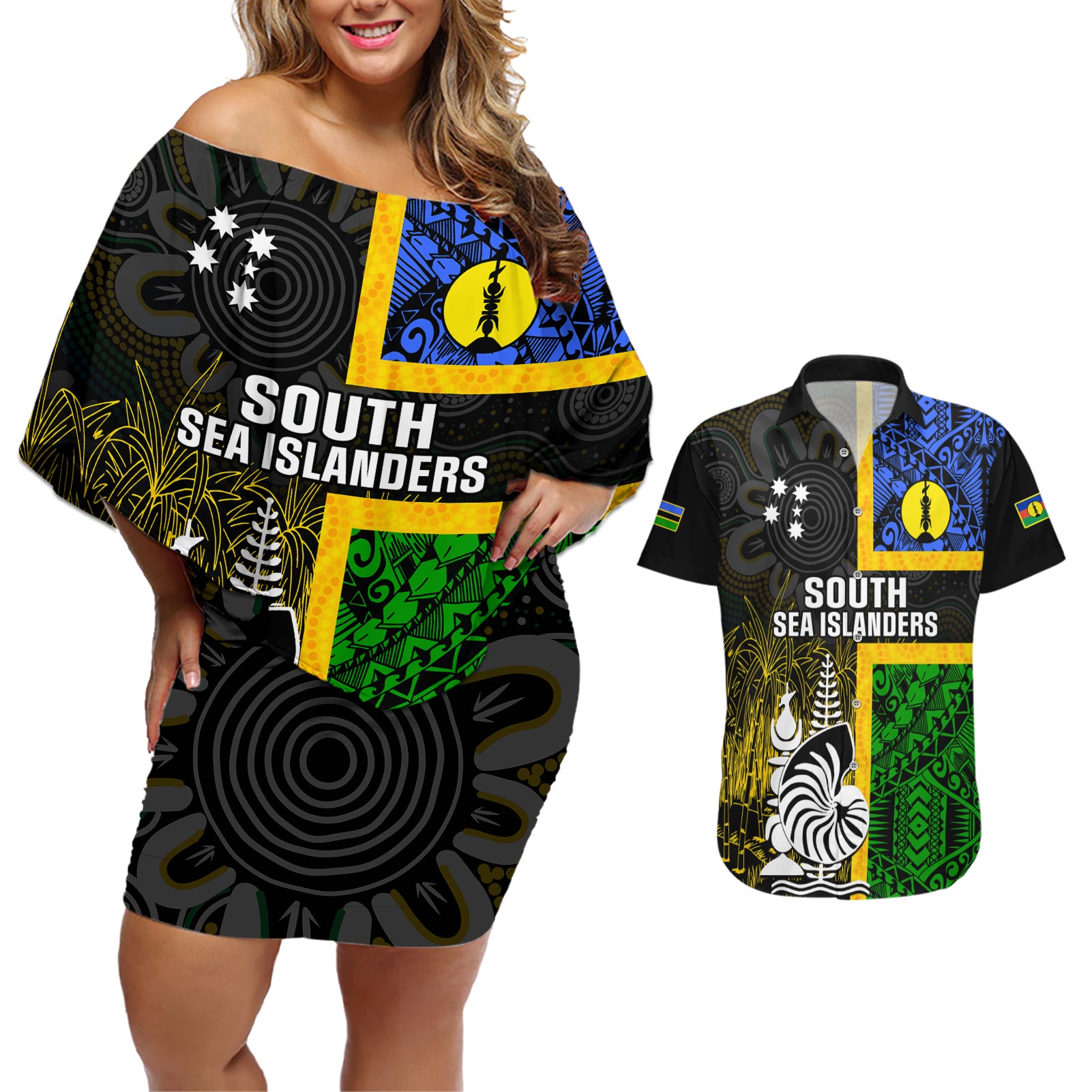 Personalised South Sea Islanders Couples Matching Off Shoulder Short Dress and Hawaiian Shirt Kanakas With New Caledonia Coat Of Arms LT14 Black - Polynesian Pride