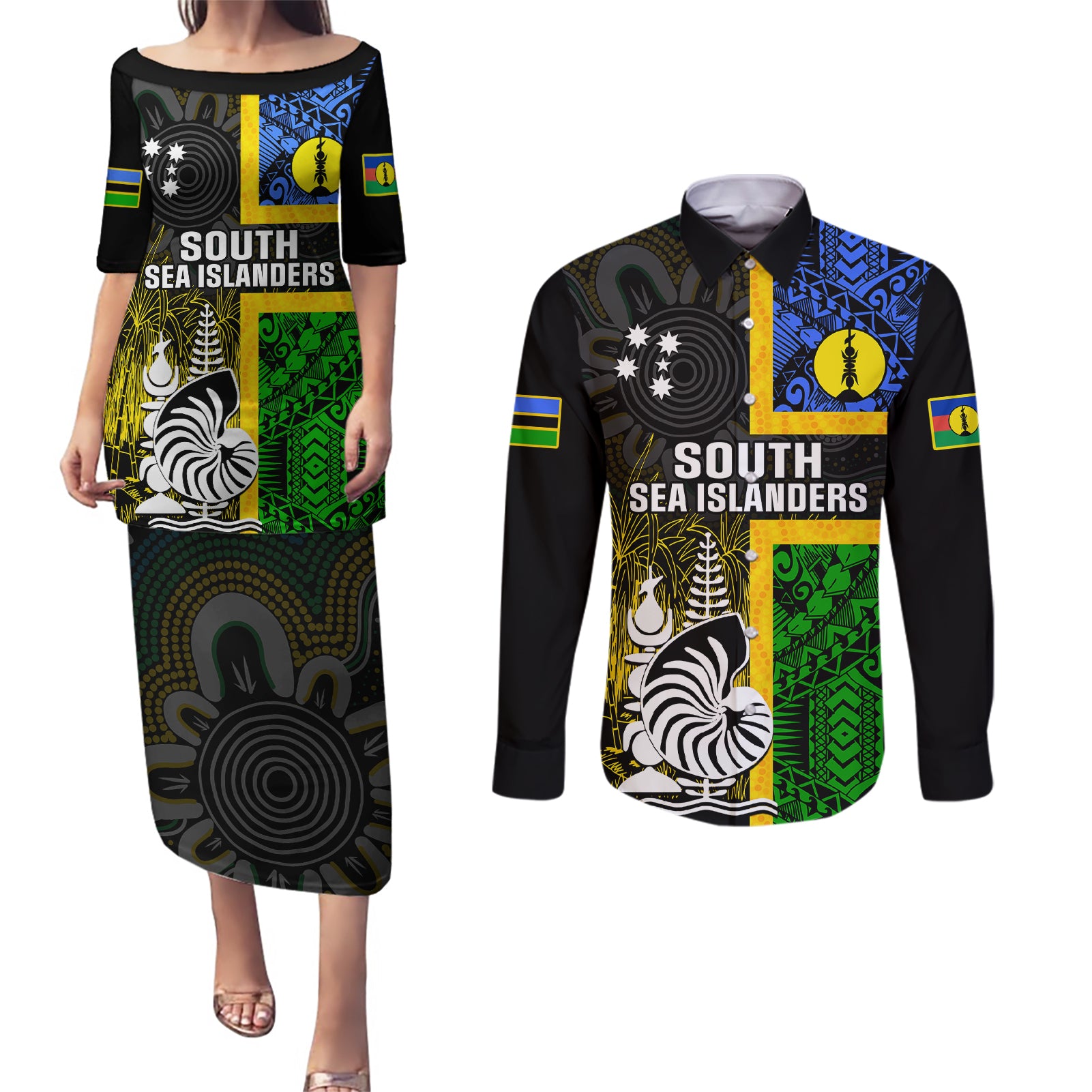 Personalised South Sea Islanders Couples Matching Puletasi Dress and Long Sleeve Button Shirts Kanakas With New Caledonia Coat Of Arms LT14 Black - Polynesian Pride