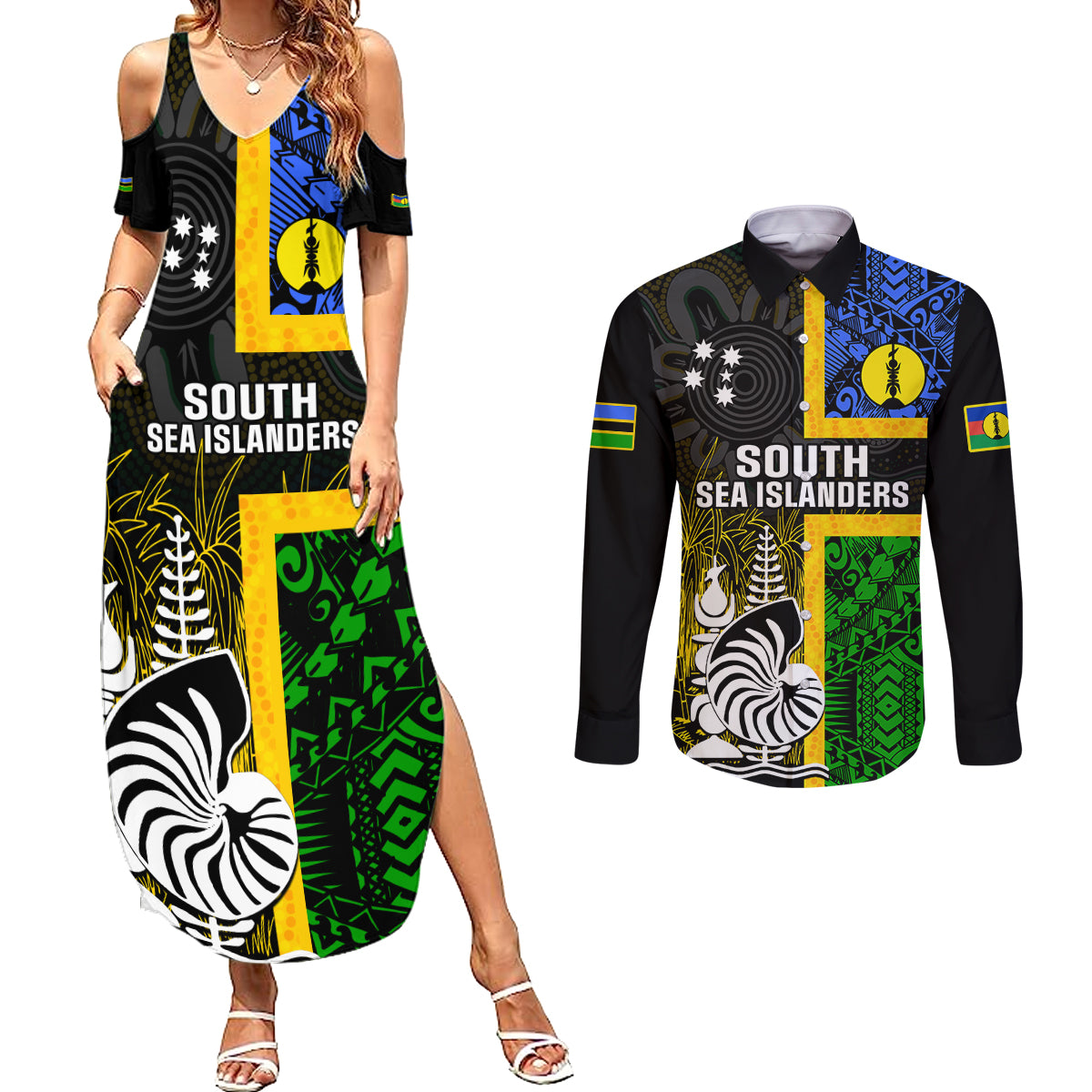 Personalised South Sea Islanders Couples Matching Summer Maxi Dress and Long Sleeve Button Shirts Kanakas With New Caledonia Coat Of Arms LT14 Black - Polynesian Pride