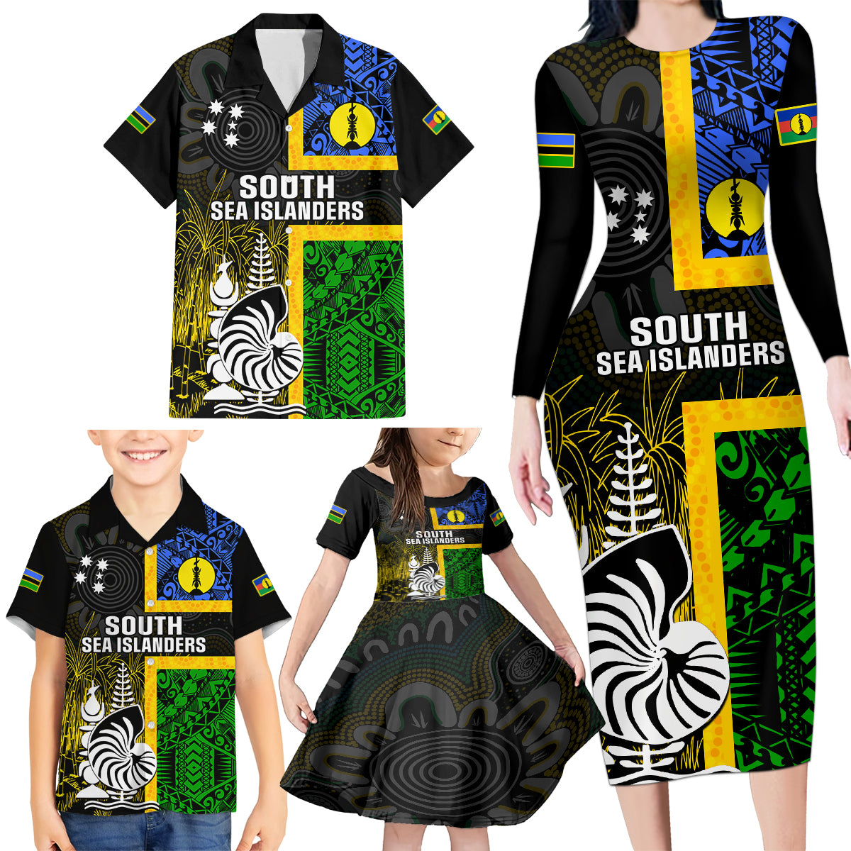 Personalised South Sea Islanders Family Matching Long Sleeve Bodycon Dress and Hawaiian Shirt Kanakas With New Caledonia Coat Of Arms LT14 - Polynesian Pride