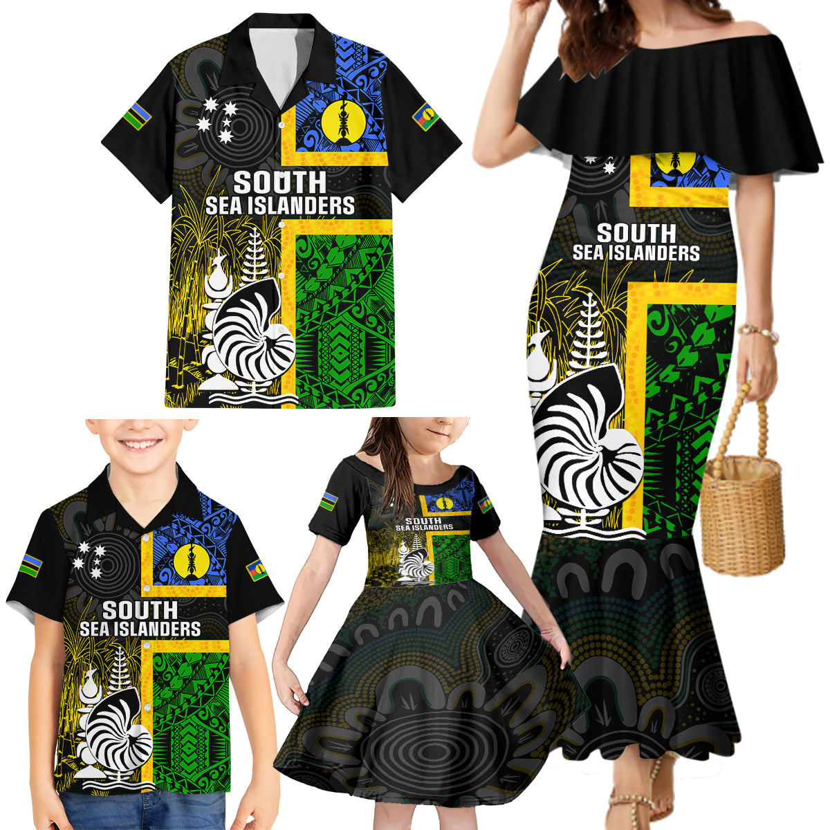 Personalised South Sea Islanders Family Matching Mermaid Dress and Hawaiian Shirt Kanakas With New Caledonia Coat Of Arms LT14 - Polynesian Pride