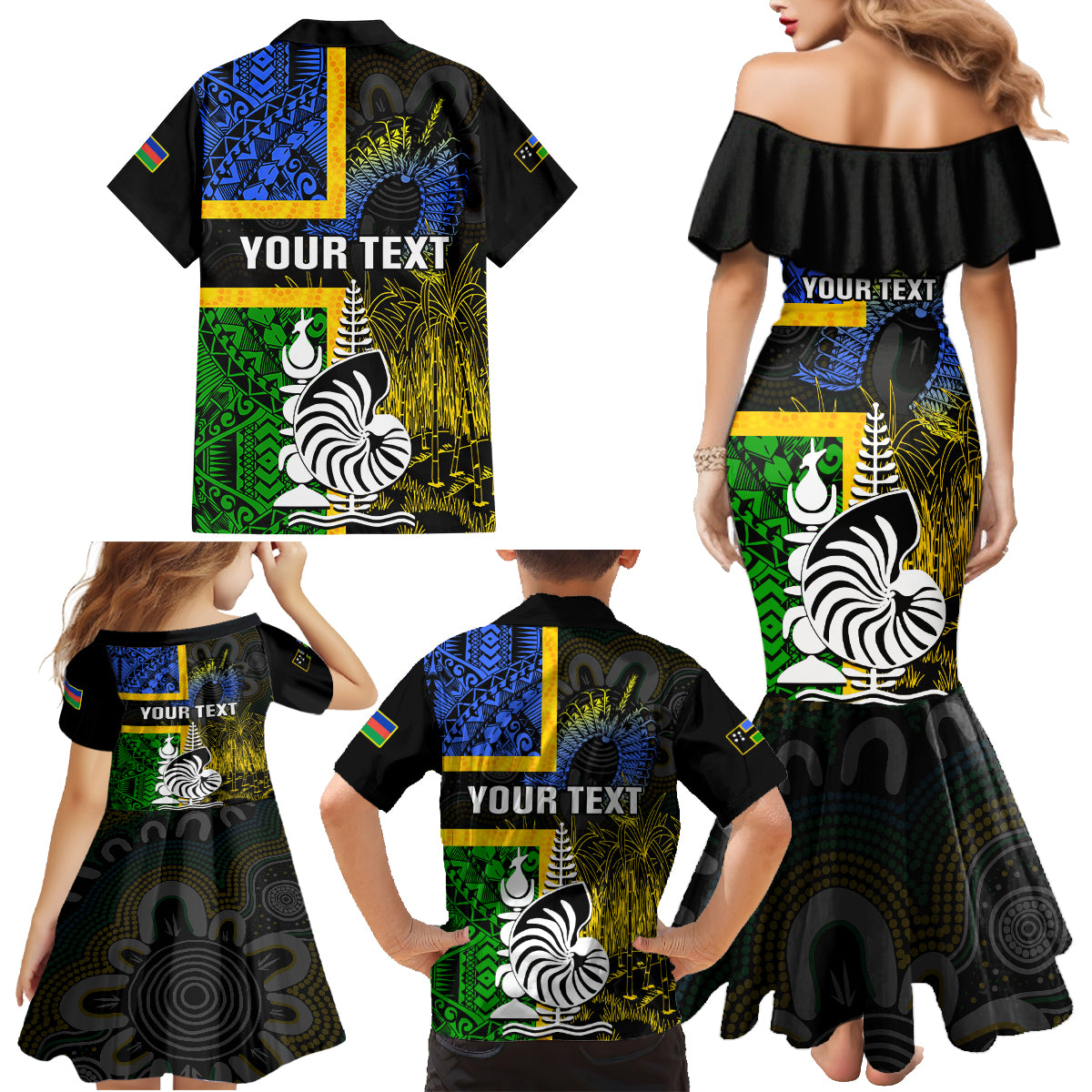 Personalised South Sea Islanders Family Matching Mermaid Dress and Hawaiian Shirt Kanakas With New Caledonia Coat Of Arms LT14 - Polynesian Pride