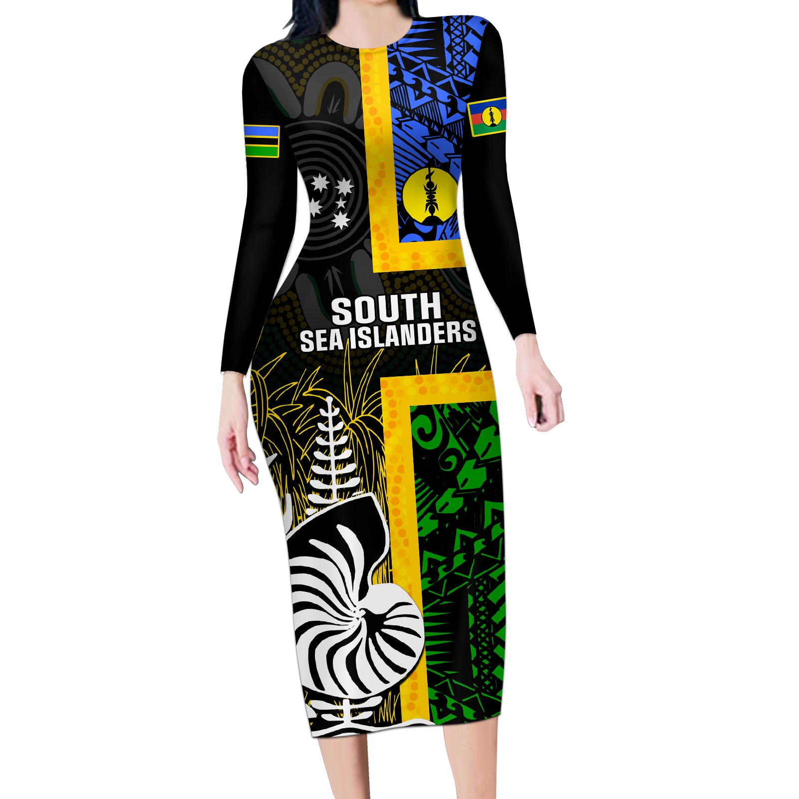 Personalised South Sea Islanders Long Sleeve Bodycon Dress Kanakas With New Caledonia Coat Of Arms LT14 Long Dress Black - Polynesian Pride