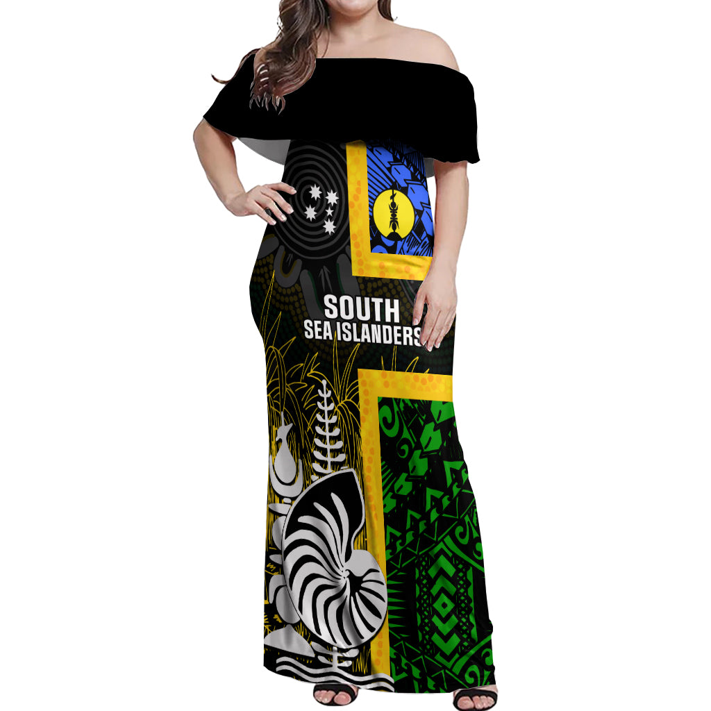 Personalised South Sea Islanders Off Shoulder Maxi Dress Kanakas With New Caledonia Coat Of Arms LT14 Women Black - Polynesian Pride