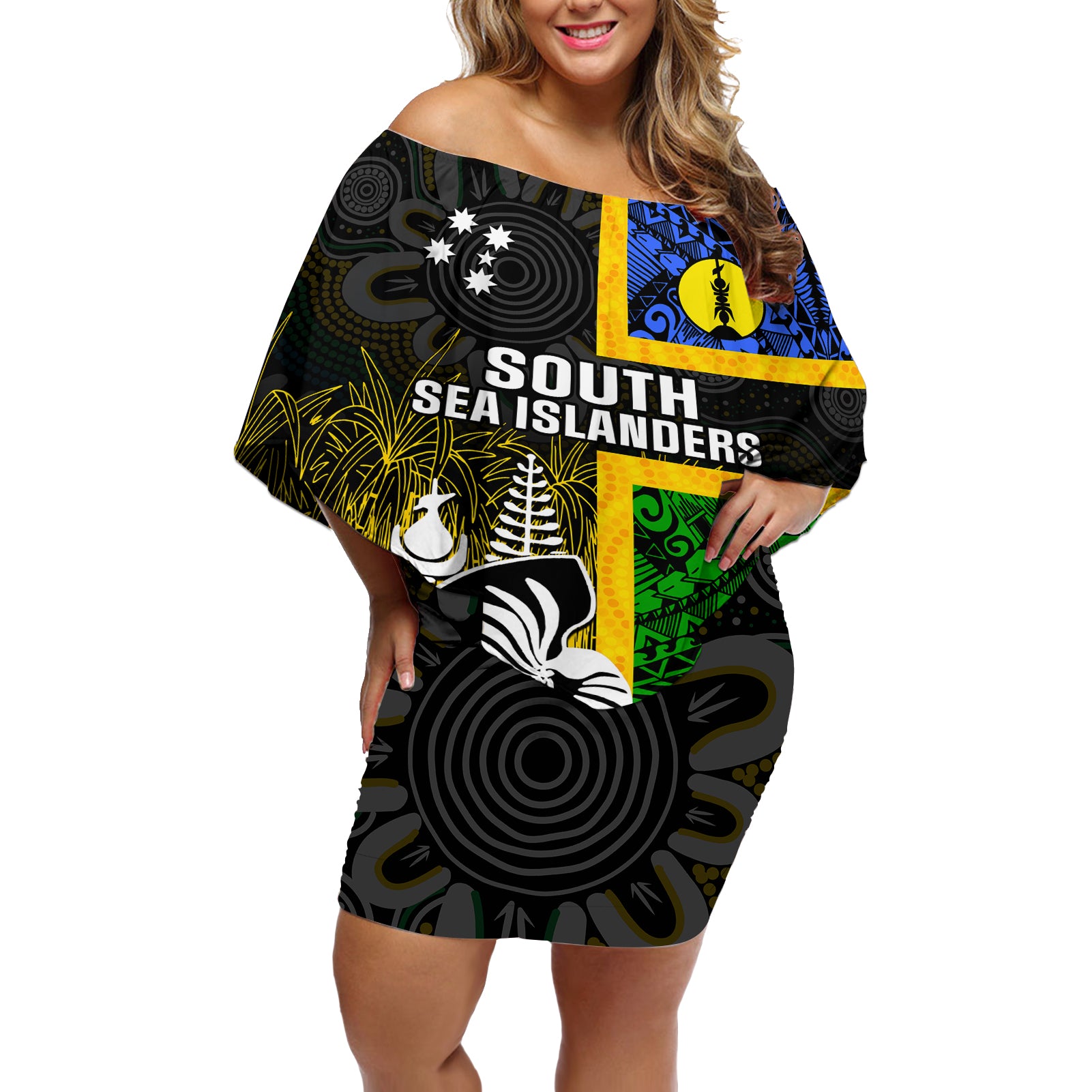 Personalised South Sea Islanders Off Shoulder Short Dress Kanakas With New Caledonia Coat Of Arms LT14 Women Black - Polynesian Pride