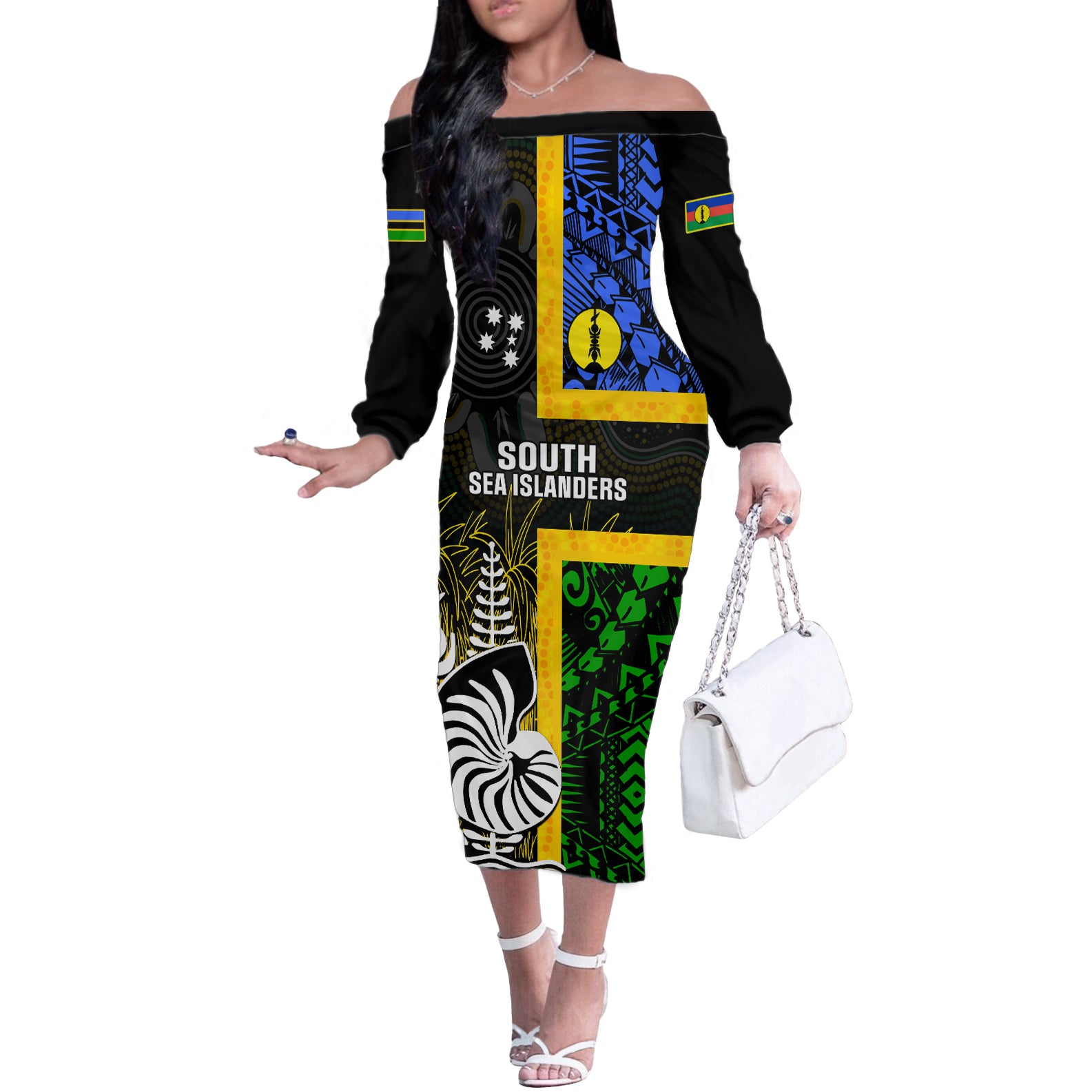 Personalised South Sea Islanders Off The Shoulder Long Sleeve Dress Kanakas With New Caledonia Coat Of Arms LT14 Women Black - Polynesian Pride