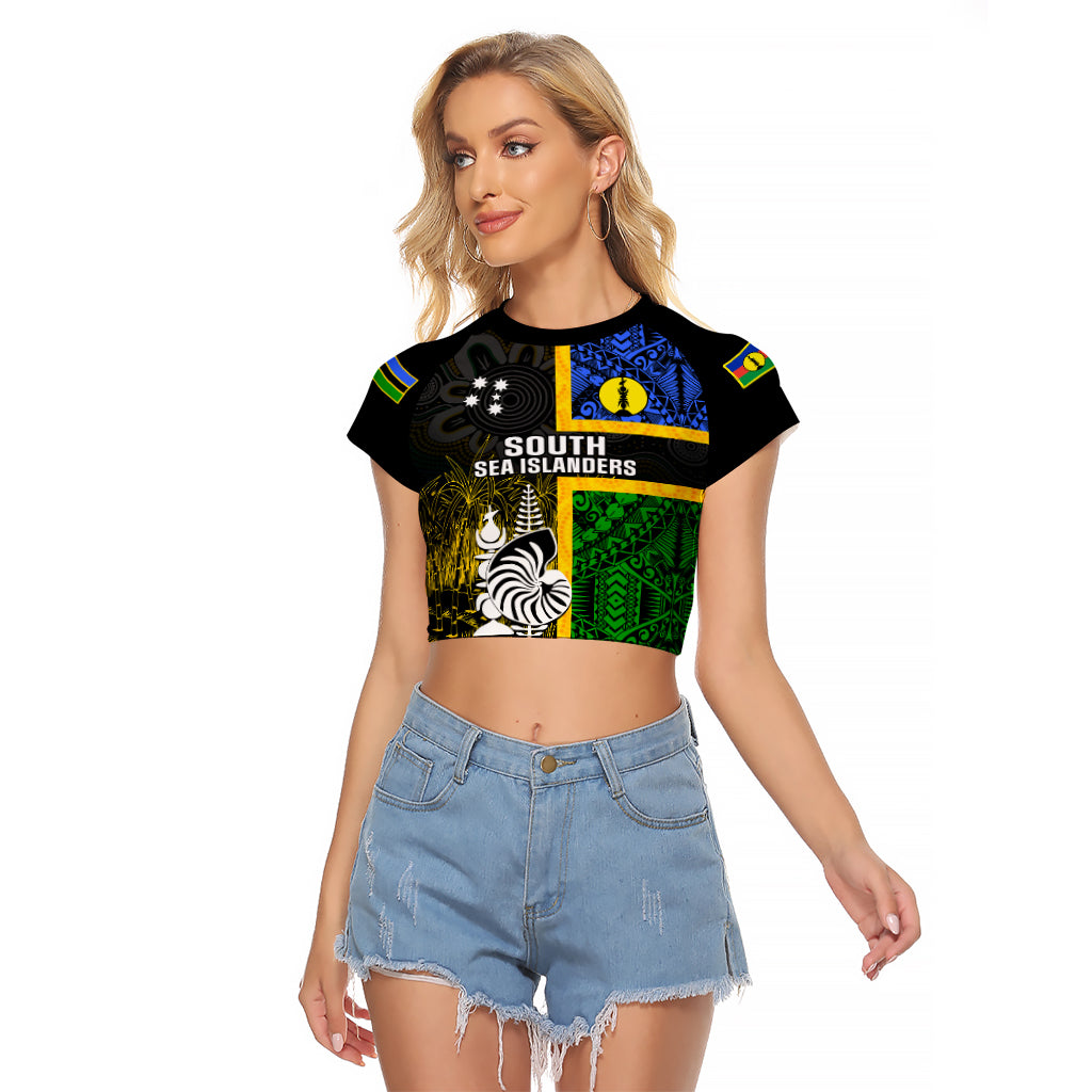 Personalised South Sea Islanders Raglan Cropped T Shirt Kanakas With New Caledonia Coat Of Arms LT14 Female Black - Polynesian Pride