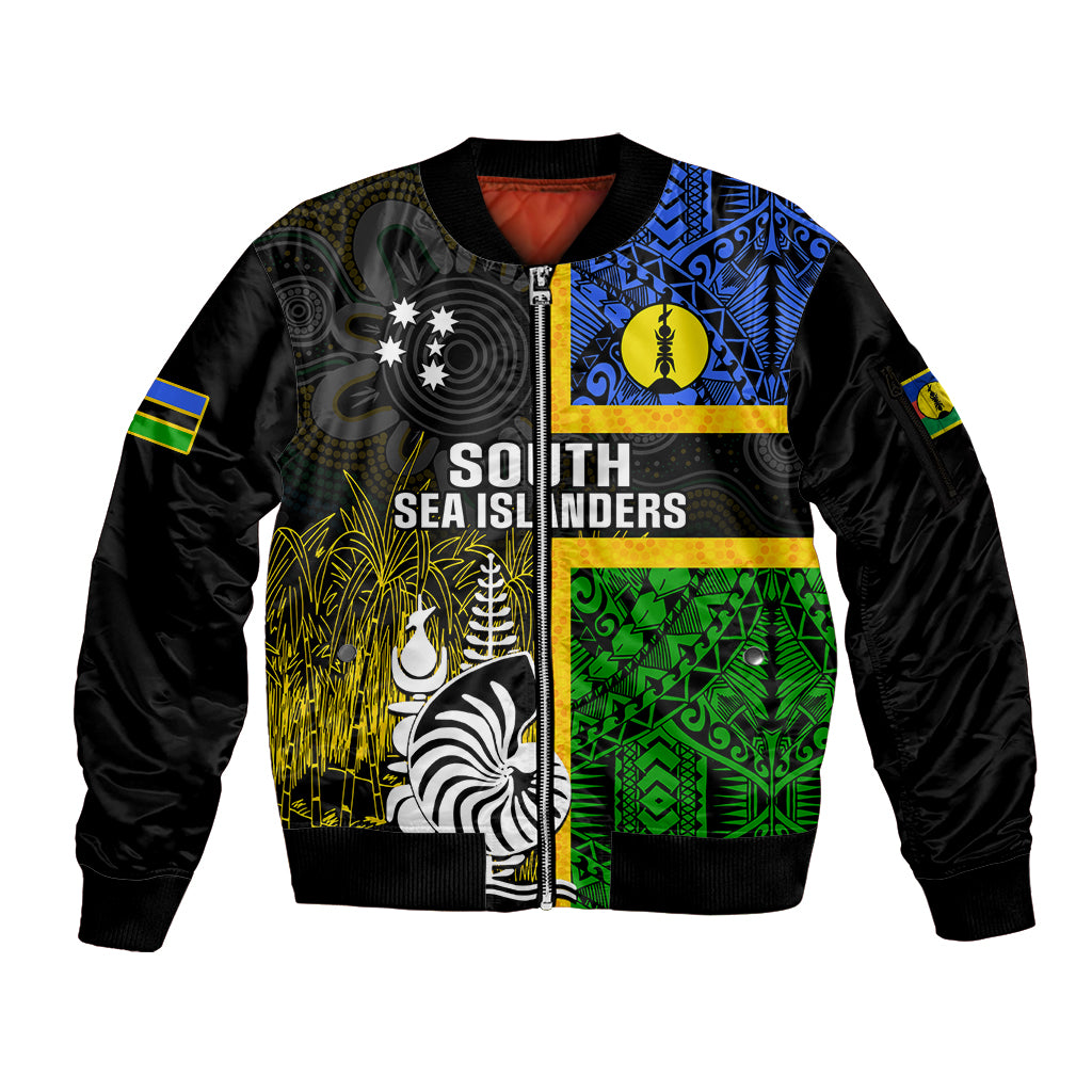 Personalised South Sea Islanders Sleeve Zip Bomber Jacket Kanakas With New Caledonia Coat Of Arms LT14 Unisex Black - Polynesian Pride