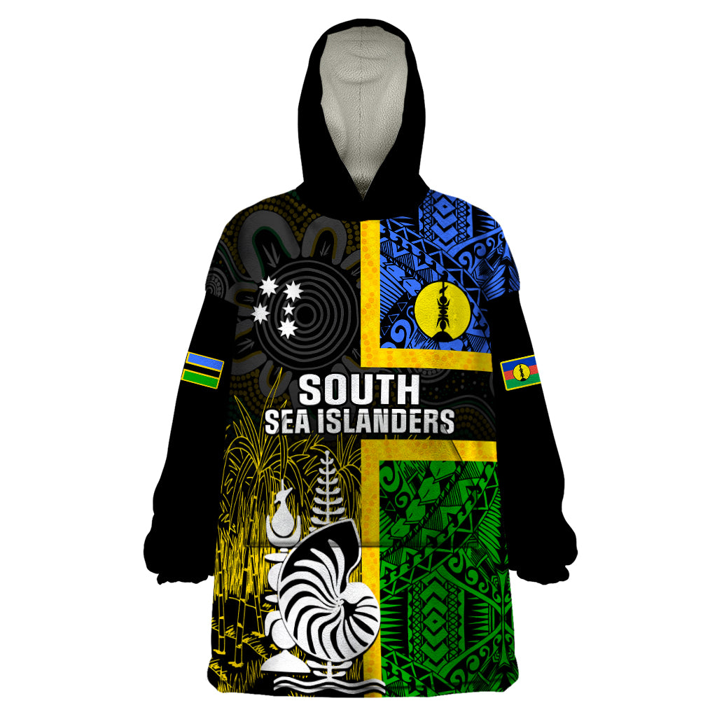 Personalised South Sea Islanders Wearable Blanket Hoodie Kanakas With New Caledonia Coat Of Arms LT14 One Size Black - Polynesian Pride