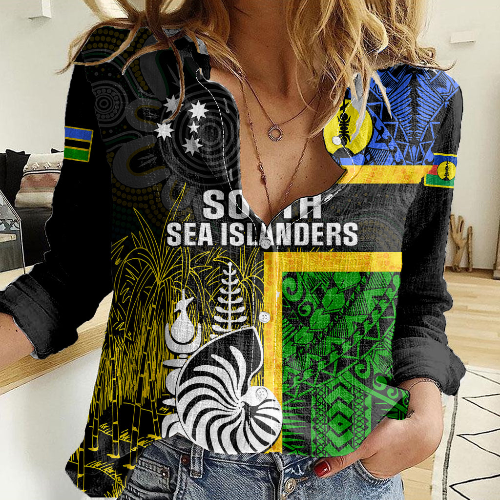 Personalised South Sea Islanders Women Casual Shirt Kanakas With New Caledonia Coat Of Arms LT14 Female Black - Polynesian Pride