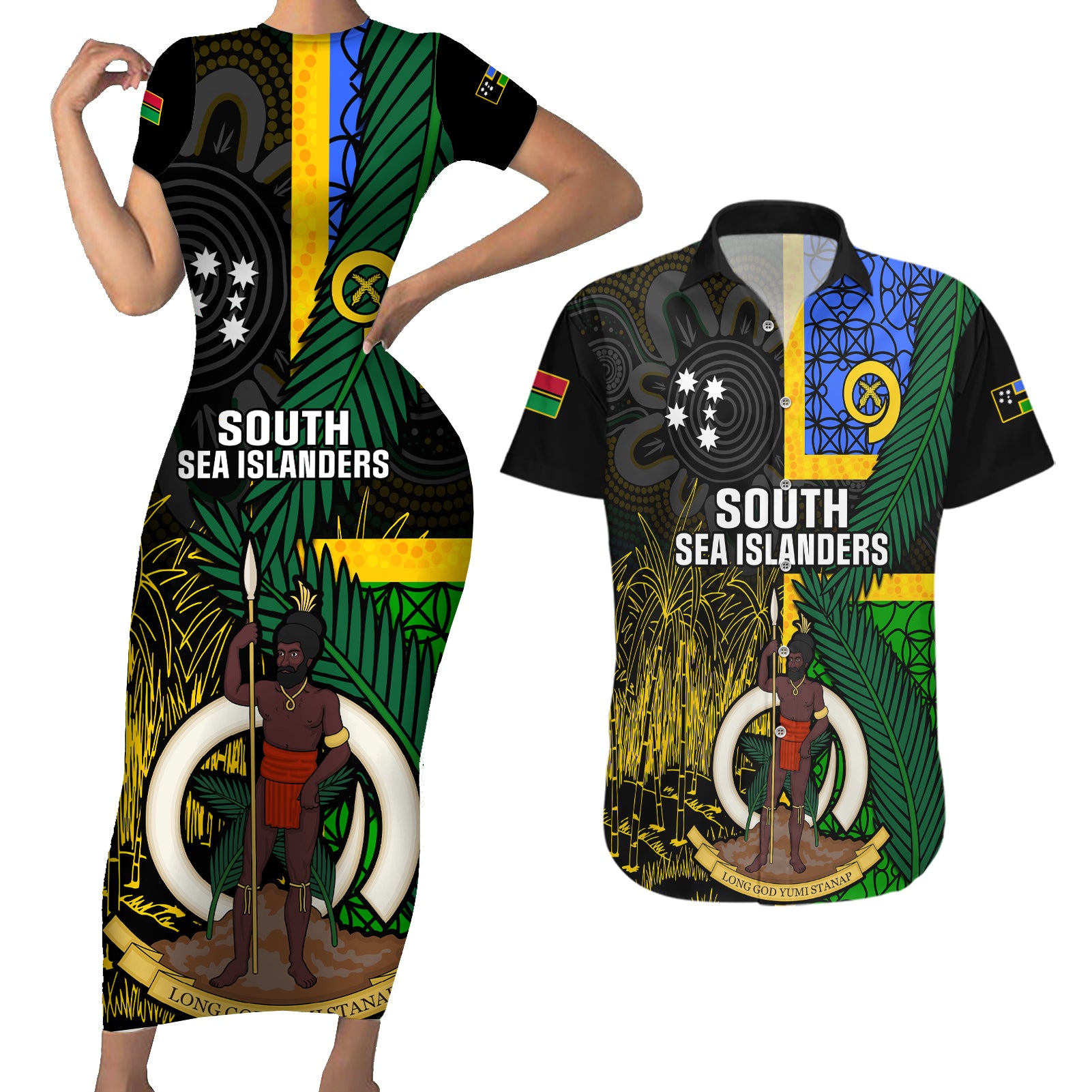 Personalised South Sea Islanders Couples Matching Short Sleeve Bodycon Dress and Hawaiian Shirt Kanakas With Vanuatu Coat Of Arms LT14 Black - Polynesian Pride