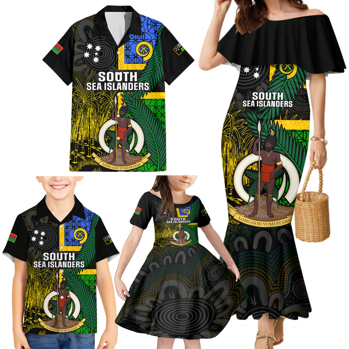 Personalised South Sea Islanders Family Matching Mermaid Dress and Hawaiian Shirt Kanakas With Vanuatu Coat Of Arms LT14 - Polynesian Pride