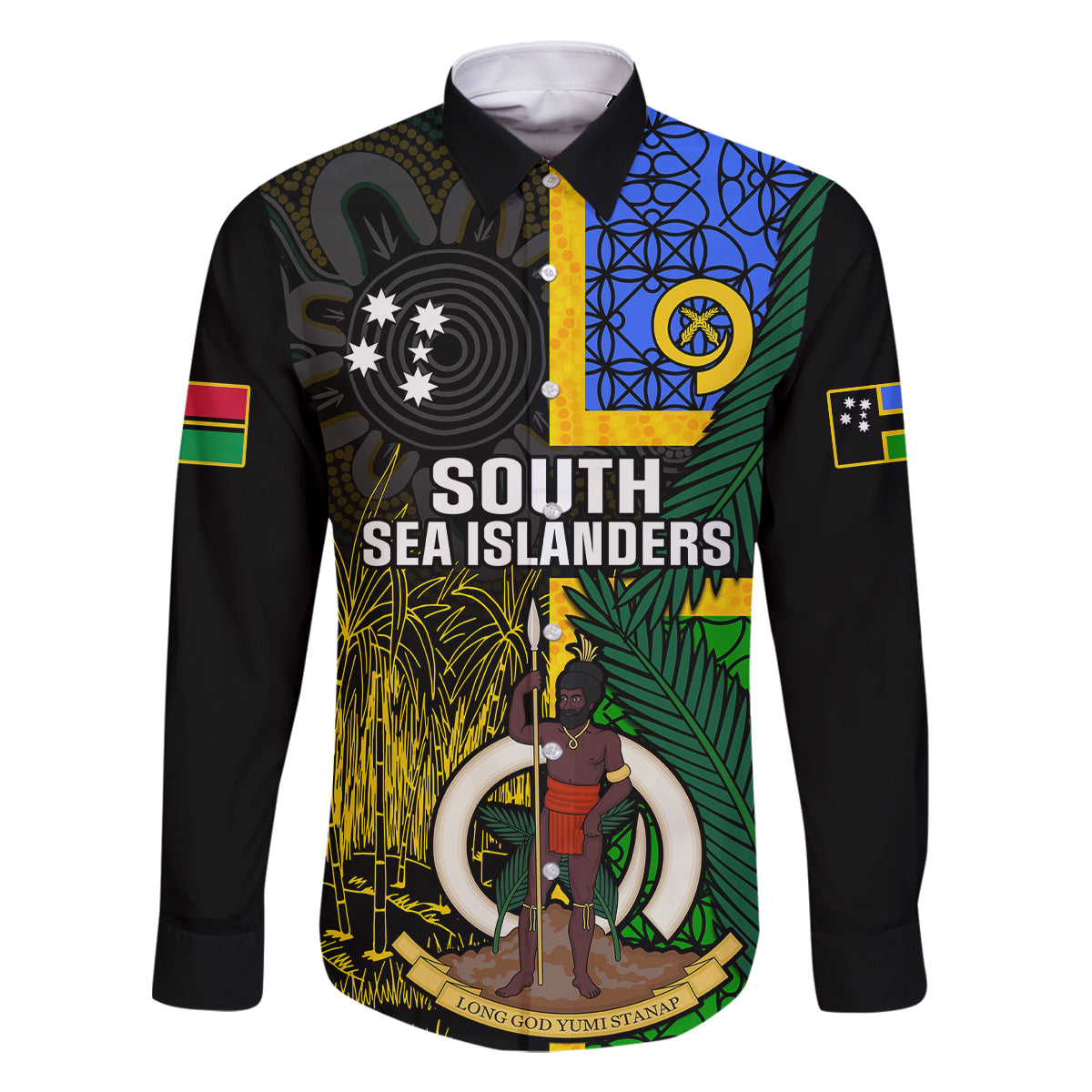 Personalised South Sea Islanders Family Matching Mermaid Dress and Hawaiian Shirt Kanakas With Vanuatu Coat Of Arms LT14 Dad's Shirt - Long Sleeve Black - Polynesian Pride