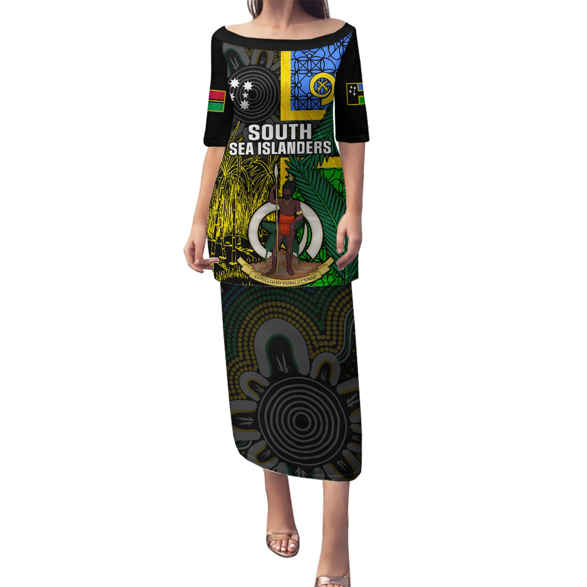 Personalised South Sea Islanders Family Matching Puletasi Dress and Hawaiian Shirt Kanakas With Vanuatu Coat Of Arms LT14 Mom's Dress Black - Polynesian Pride