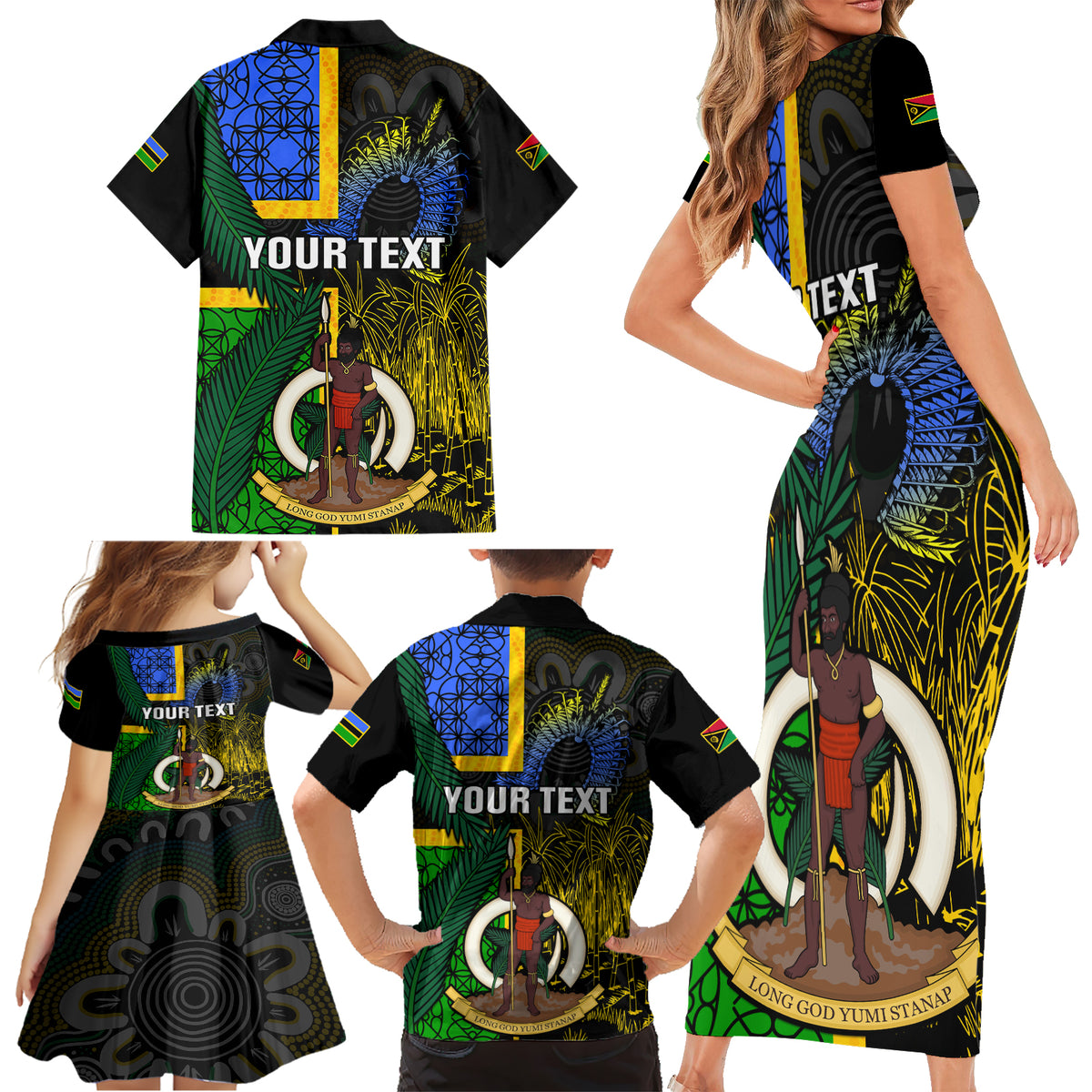 Personalised South Sea Islanders Family Matching Short Sleeve Bodycon Dress and Hawaiian Shirt Kanakas With Vanuatu Coat Of Arms LT14 - Polynesian Pride