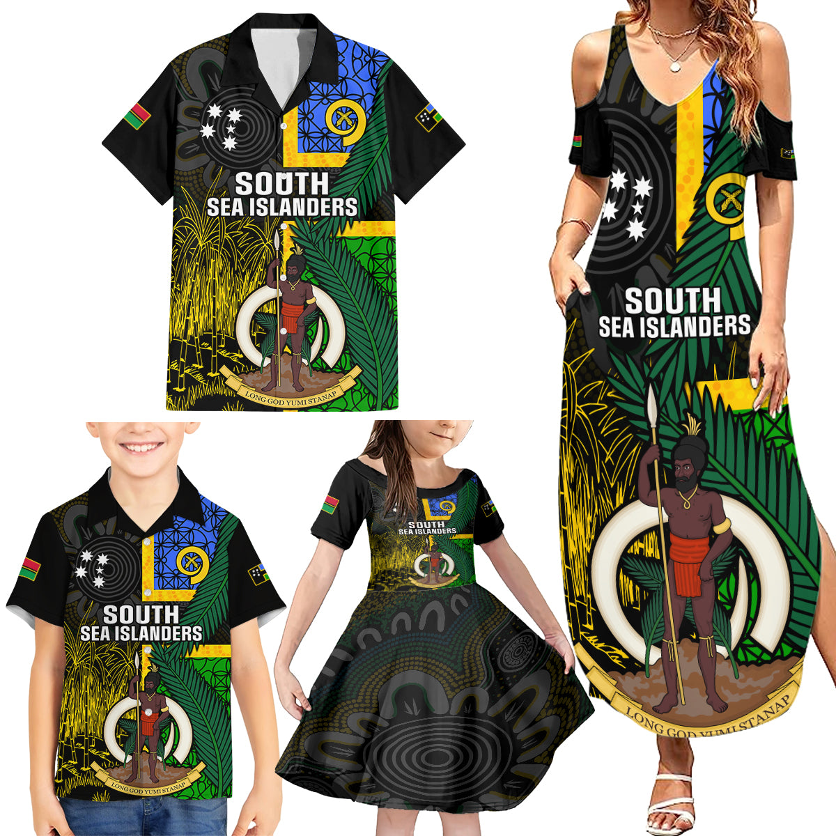 Personalised South Sea Islanders Family Matching Summer Maxi Dress and Hawaiian Shirt Kanakas With Vanuatu Coat Of Arms LT14 - Polynesian Pride