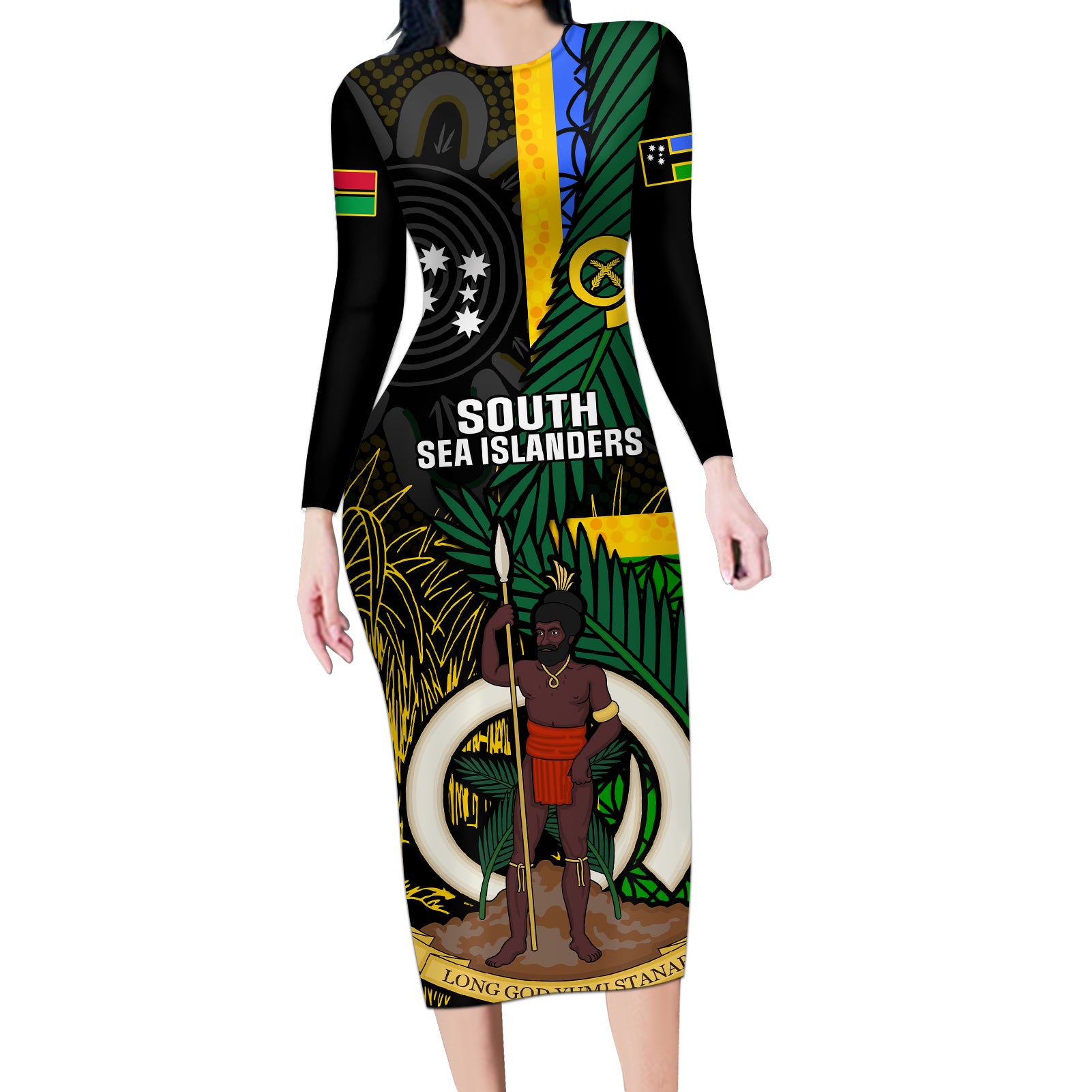 Personalised South Sea Islanders Long Sleeve Bodycon Dress Kanakas With Vanuatu Coat Of Arms LT14 Long Dress Black - Polynesian Pride