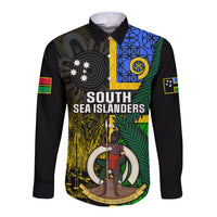 Personalised South Sea Islanders Long Sleeve Button Shirt Kanakas With Vanuatu Coat Of Arms LT14 Unisex Black - Polynesian Pride