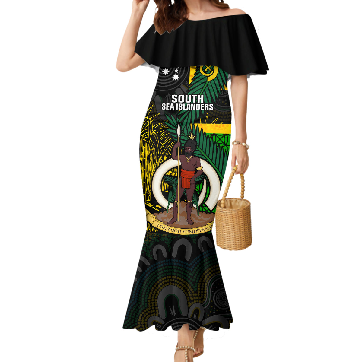 Personalised South Sea Islanders Mermaid Dress Kanakas With Vanuatu Coat Of Arms LT14 Women Black - Polynesian Pride