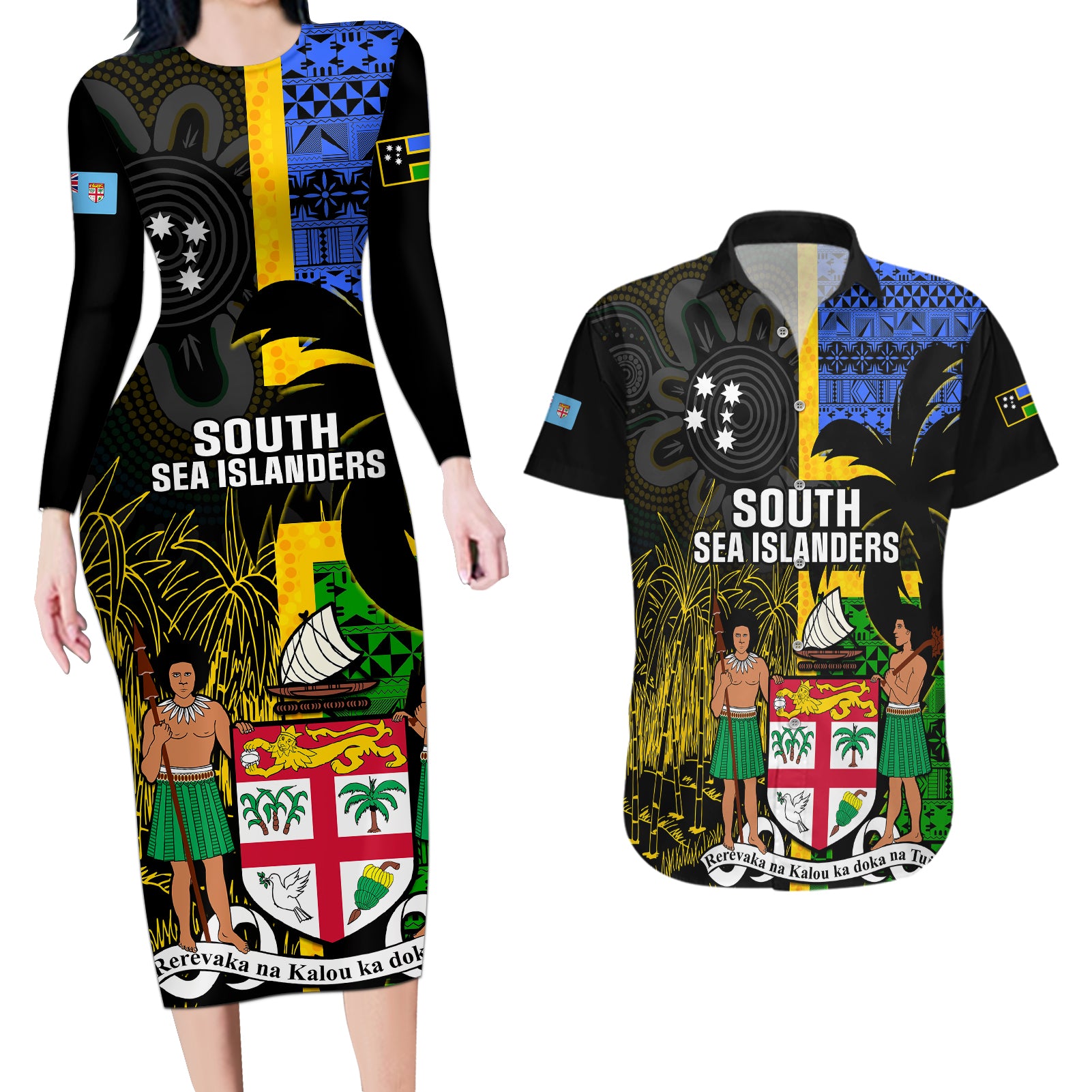 Personalised South Sea Islanders Couples Matching Long Sleeve Bodycon Dress and Hawaiian Shirt Kanakas With Fiji Coat Of Arms LT14 Black - Polynesian Pride