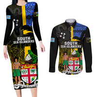 Personalised South Sea Islanders Couples Matching Long Sleeve Bodycon Dress and Long Sleeve Button Shirts Kanakas With Fiji Coat Of Arms LT14 Black - Polynesian Pride