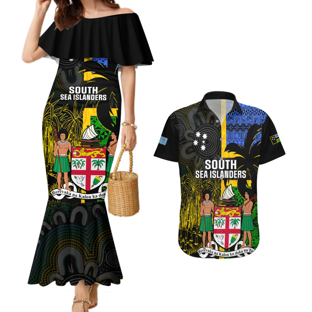 Personalised South Sea Islanders Couples Matching Mermaid Dress and Hawaiian Shirt Kanakas With Fiji Coat Of Arms LT14 Black - Polynesian Pride