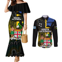 Personalised South Sea Islanders Couples Matching Mermaid Dress and Long Sleeve Button Shirts Kanakas With Fiji Coat Of Arms LT14 Black - Polynesian Pride
