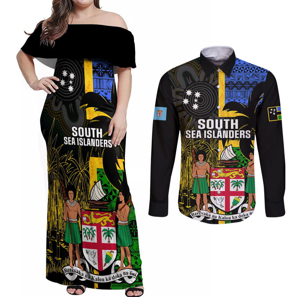 Personalised South Sea Islanders Couples Matching Off Shoulder Maxi Dress and Long Sleeve Button Shirts Kanakas With Fiji Coat Of Arms LT14 Black - Polynesian Pride