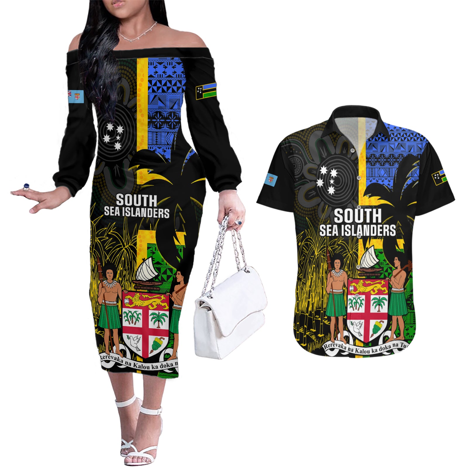 Personalised South Sea Islanders Couples Matching Off The Shoulder Long Sleeve Dress and Hawaiian Shirt Kanakas With Fiji Coat Of Arms LT14 Black - Polynesian Pride