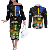 Personalised South Sea Islanders Couples Matching Off The Shoulder Long Sleeve Dress and Long Sleeve Button Shirts Kanakas With Fiji Coat Of Arms LT14 Black - Polynesian Pride