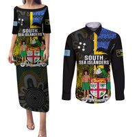 Personalised South Sea Islanders Couples Matching Puletasi Dress and Long Sleeve Button Shirts Kanakas With Fiji Coat Of Arms LT14 Black - Polynesian Pride