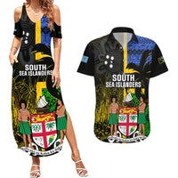 Personalised South Sea Islanders Couples Matching Summer Maxi Dress and Hawaiian Shirt Kanakas With Fiji Coat Of Arms LT14 Black - Polynesian Pride