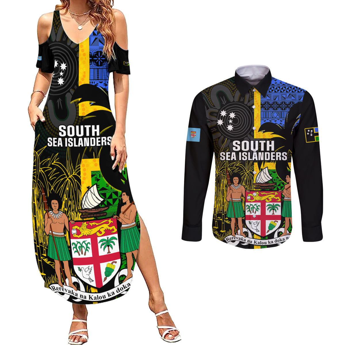 Personalised South Sea Islanders Couples Matching Summer Maxi Dress and Long Sleeve Button Shirts Kanakas With Fiji Coat Of Arms LT14 Black - Polynesian Pride