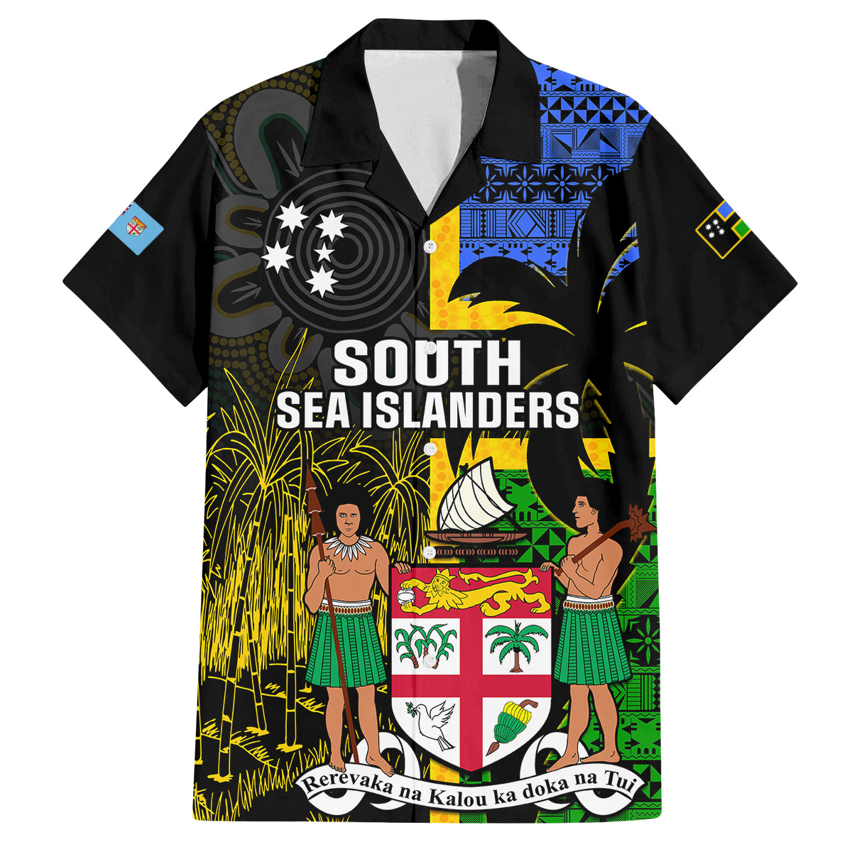 Personalised South Sea Islanders Family Matching Long Sleeve Bodycon Dress and Hawaiian Shirt Kanakas With Fiji Coat Of Arms LT14 Dad's Shirt - Short Sleeve Black - Polynesian Pride