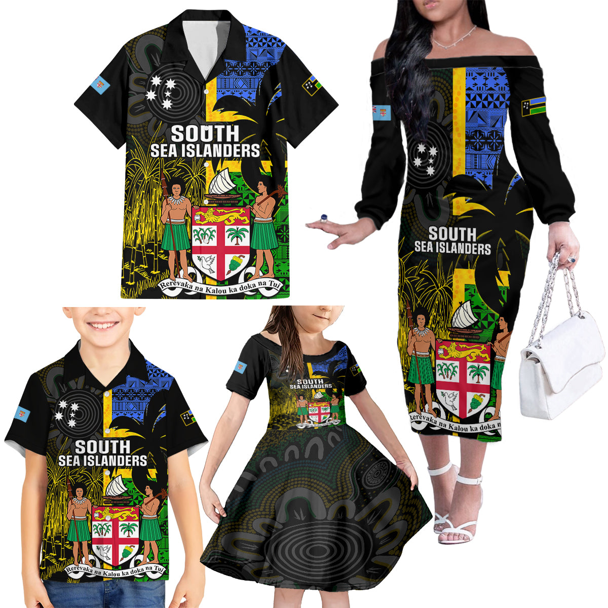 Personalised South Sea Islanders Family Matching Off Shoulder Long Sleeve Dress and Hawaiian Shirt Kanakas With Fiji Coat Of Arms LT14 - Polynesian Pride