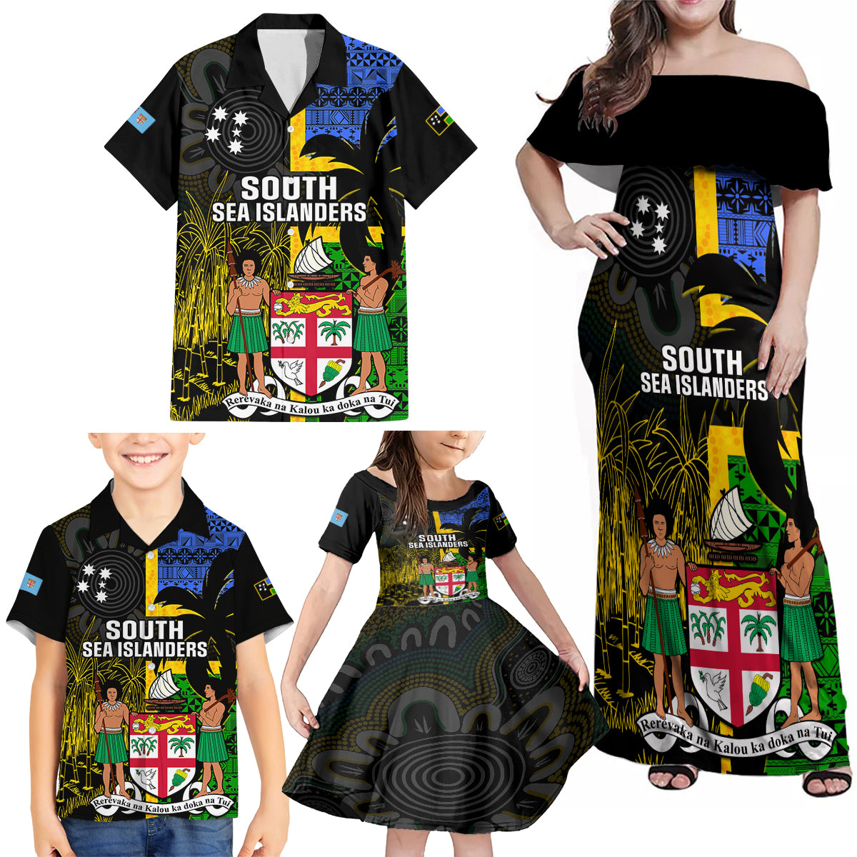 Personalised South Sea Islanders Family Matching Off Shoulder Maxi Dress and Hawaiian Shirt Kanakas With Fiji Coat Of Arms LT14 - Polynesian Pride