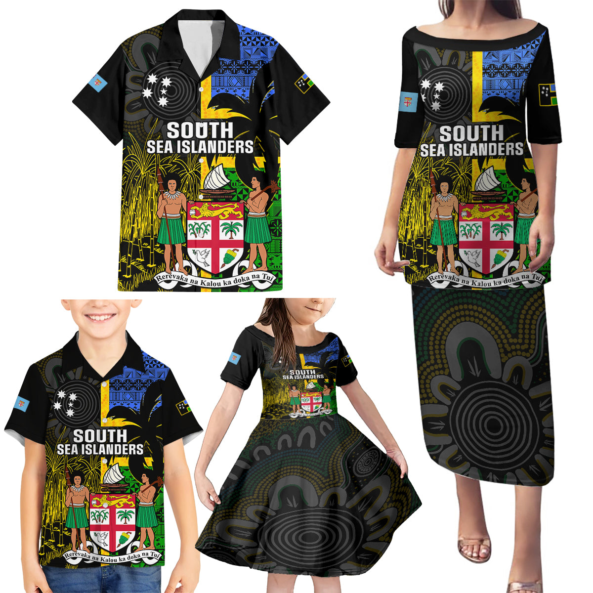 Personalised South Sea Islanders Family Matching Puletasi Dress and Hawaiian Shirt Kanakas With Fiji Coat Of Arms LT14 - Polynesian Pride