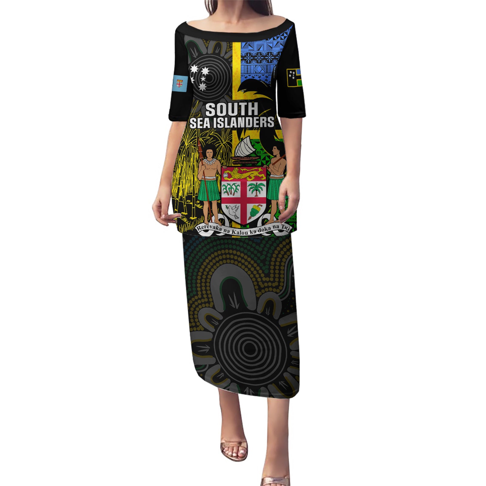 Personalised South Sea Islanders Puletasi Kanakas With Fiji Coat Of Arms LT14 Long Dress Black - Polynesian Pride