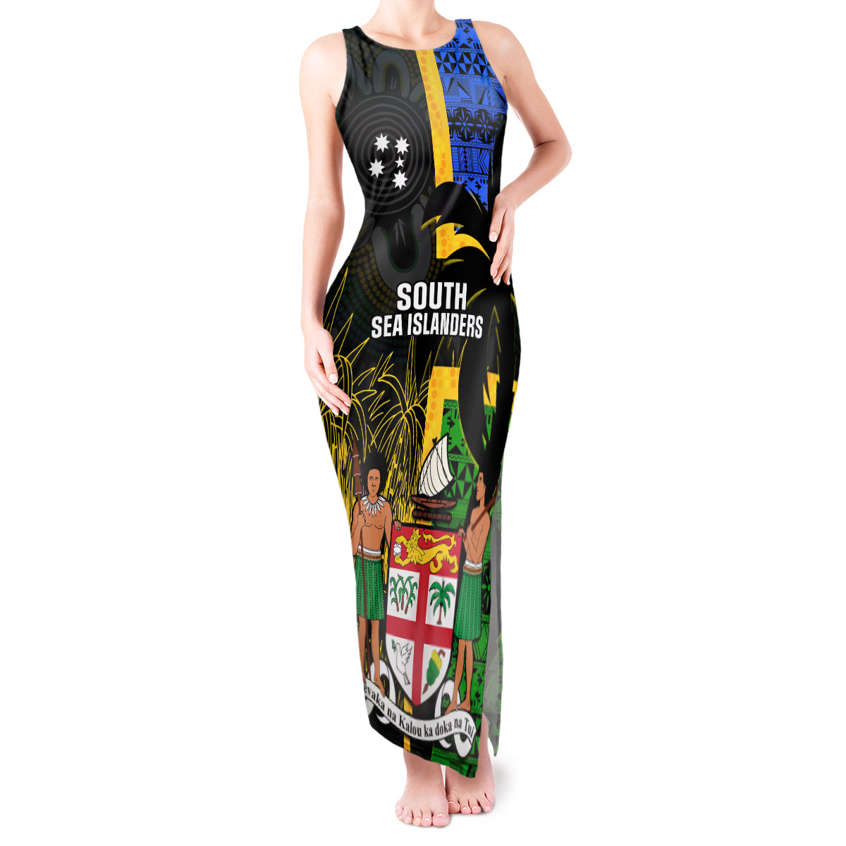 Personalised South Sea Islanders Tank Maxi Dress Kanakas With Fiji Coat Of Arms LT14 Women Black - Polynesian Pride